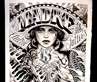 dibujo de  mujer con sombrero mejicano (logo símbolo de Madre13 Tatuajes