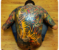 tatuaje japonés a color en toda la espalda: tigre con flores